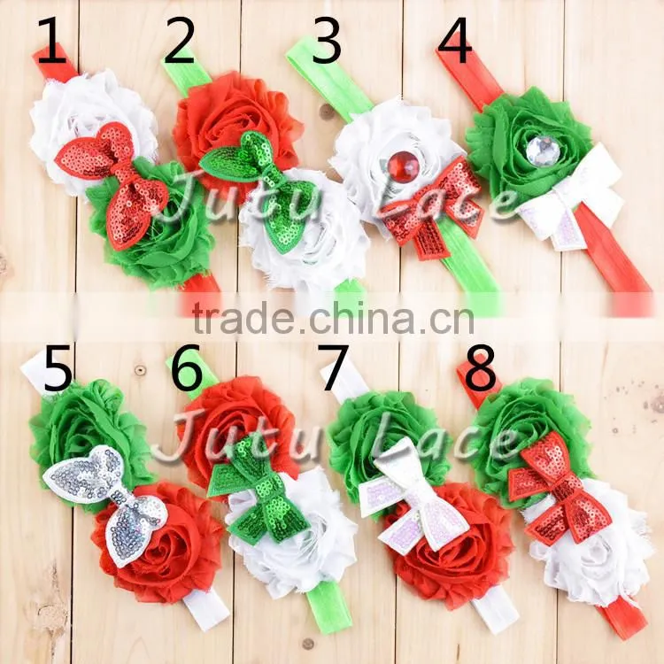 Red Green White Christmas DIY Kit Party Headband Kit -layer satin flower with rhinestone plus crochet elastic headband