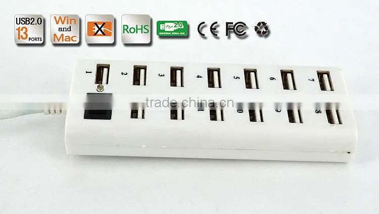 Hot sell High- performance Portable 480MBPS usb2.0 13 port hub with one switch+large capacity