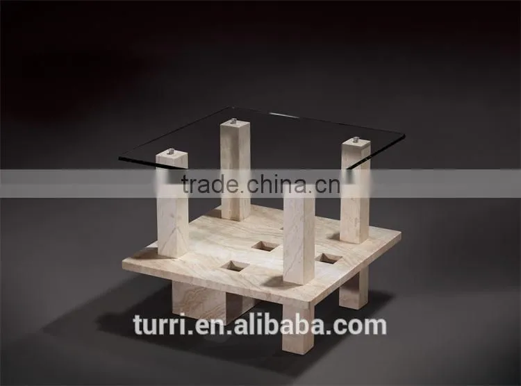Iran natural travertine base round glass side table