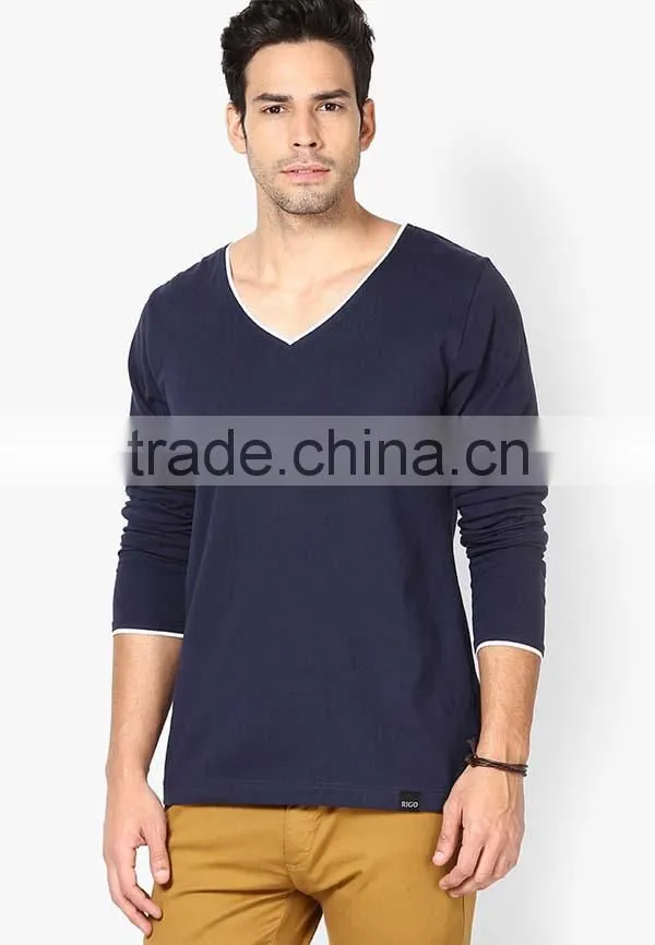 Fashion custom cotton v neck long sleeve t shirt
