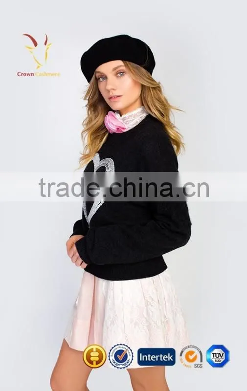 Knit Wool Cashmere Pullover Women Black Pullover With White Heart