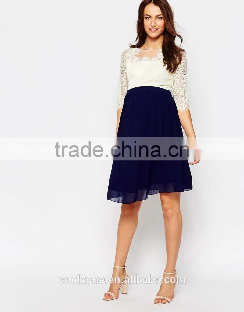 100% Polyester crew neck lined lace bodice maternity dress for women