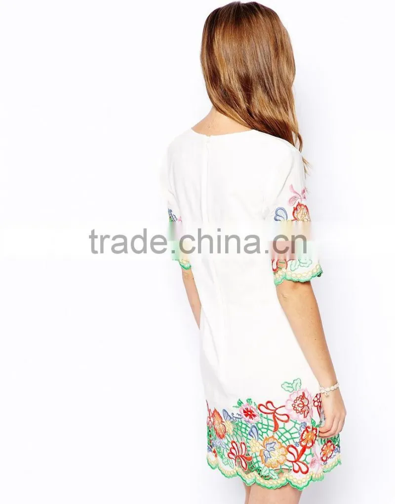 ladies short sleeve hollow out crochet dress wholesale tunic embroidered yarn dress DH0712