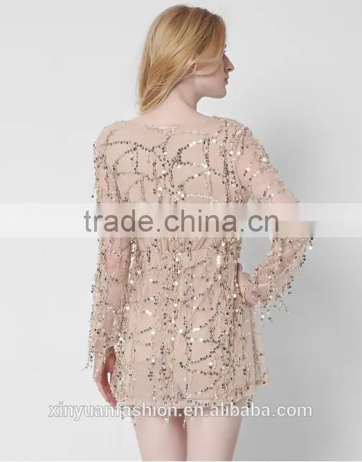 New long sleeves deep V sexy dress net yarn tassel sequins skirt summer