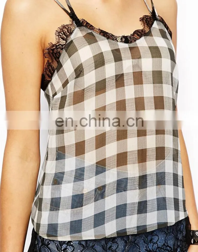 Lace Trim Cami Top in Gingham Print/womens top plus sizes/clothing desgin for women wholesale model-cp387