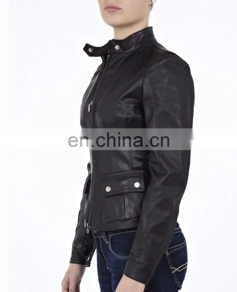 Woman faux leather moto zip jacket