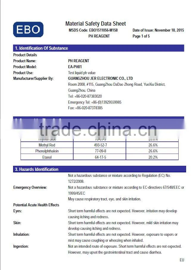 cheapest ph liquid tester with color chart and MSDS