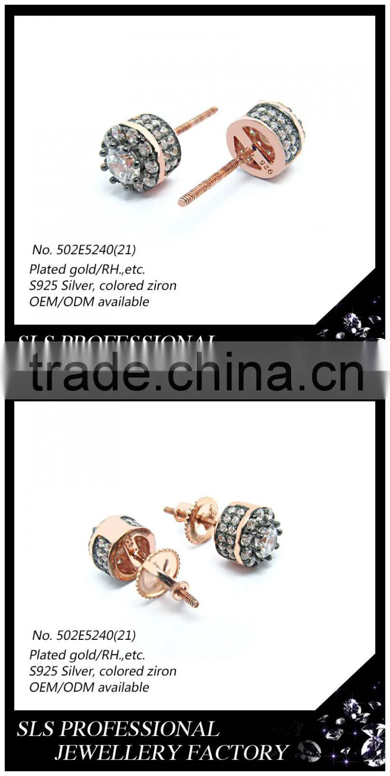 2016 Fashion 925 sterling silver black claw rose gold plated stud earrings jewelry