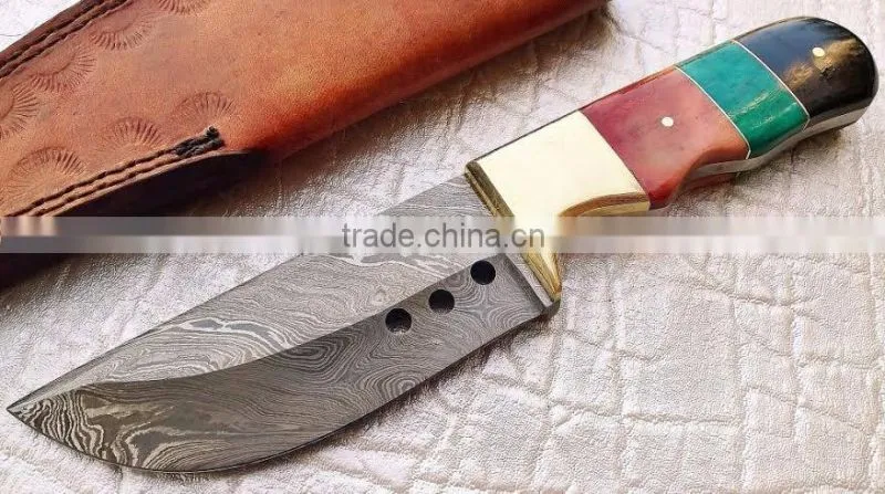 Fixed blade brass booster Custom Damascus Hunting knife Full tang