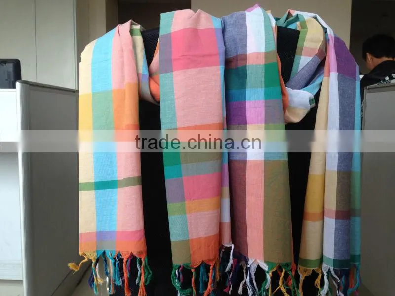cotton check scarf with fringe