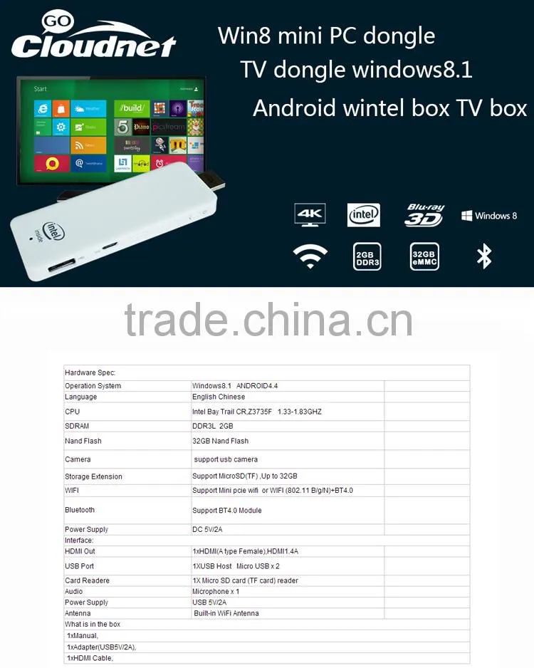 Win8 Mini PC Dual Boot Intel Atom Z3735F 1.33Ghz CPU Quad-core Smart Computer 2GB DDR3 32GB ROM Portable Intel TV Stick HD