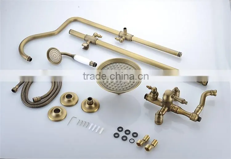 Popular antique style bathroom gold colored brass rainfall shower set antique bronze surface mounted bath shower set