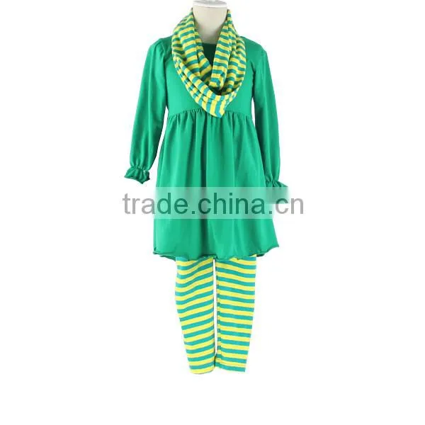 Wholesale new deisgn outfits with scarf baby girls kids 100% cotton dress & pants baby clothing sets scarf outfits