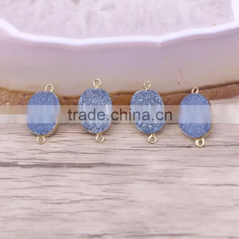 Gold Plated Oval Natural Agate Titanium Druzy Connectors Beads Jewelry Craft