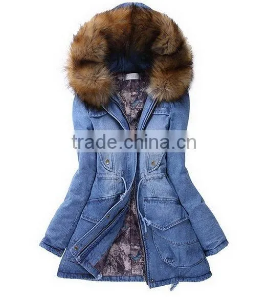 Top Design Women's Fur Hooded Denim Jacket Jeans Coat