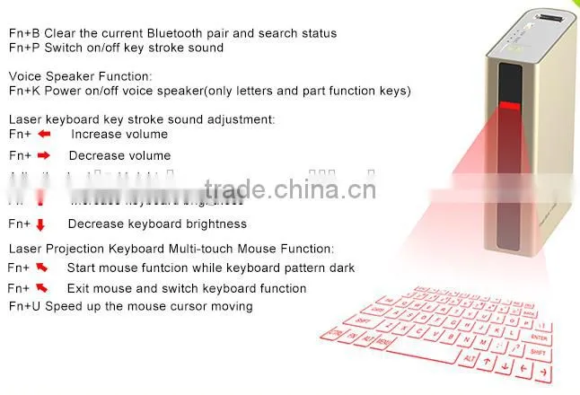 2015 Latest Four In One Laser Virtual Keyboard Bluetooth Wireless Keyboard With Speaker & Power Bank & Voice Guide Function
