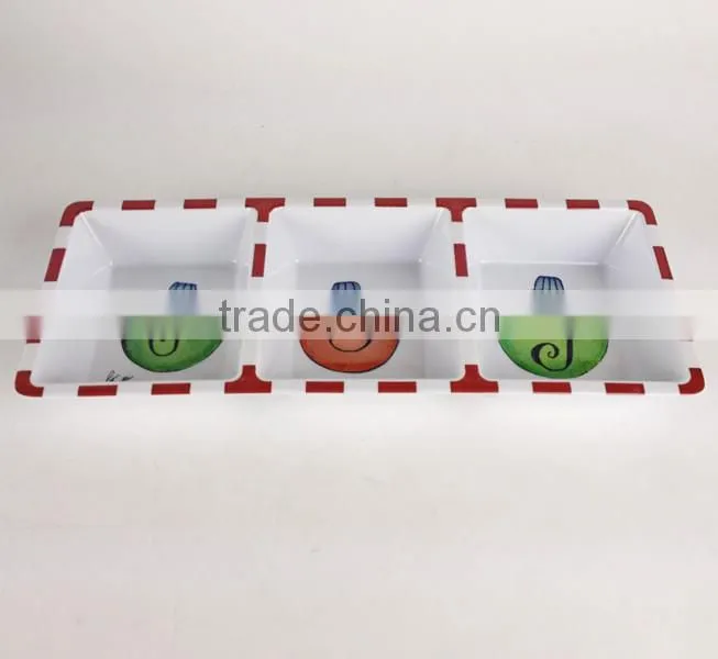 3 Compartments dishes, square melamine plastic christmas divided plate