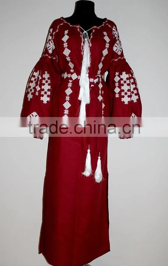 Boho Ukrainian Designs Beige Embroidered Shift Dress Bohemian Clothing Style Long Sleeve Maxi Dress HSd5083