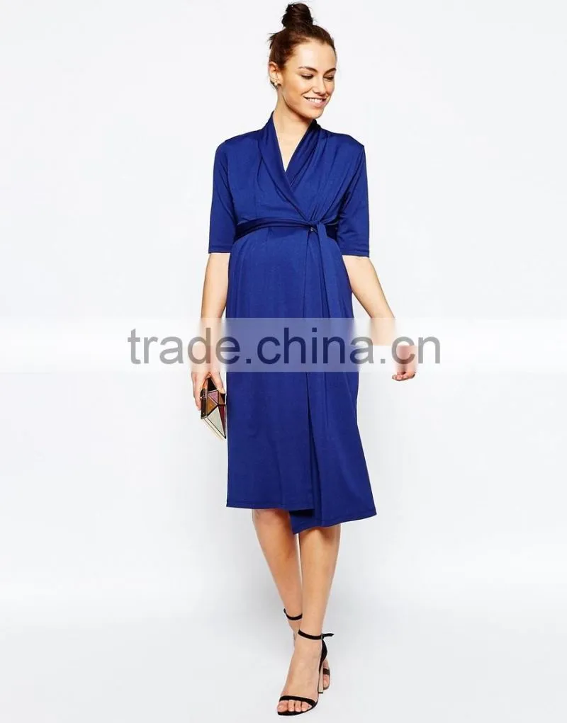 Elegant fashion fancy wiggle wrap maternity navy dress with belt