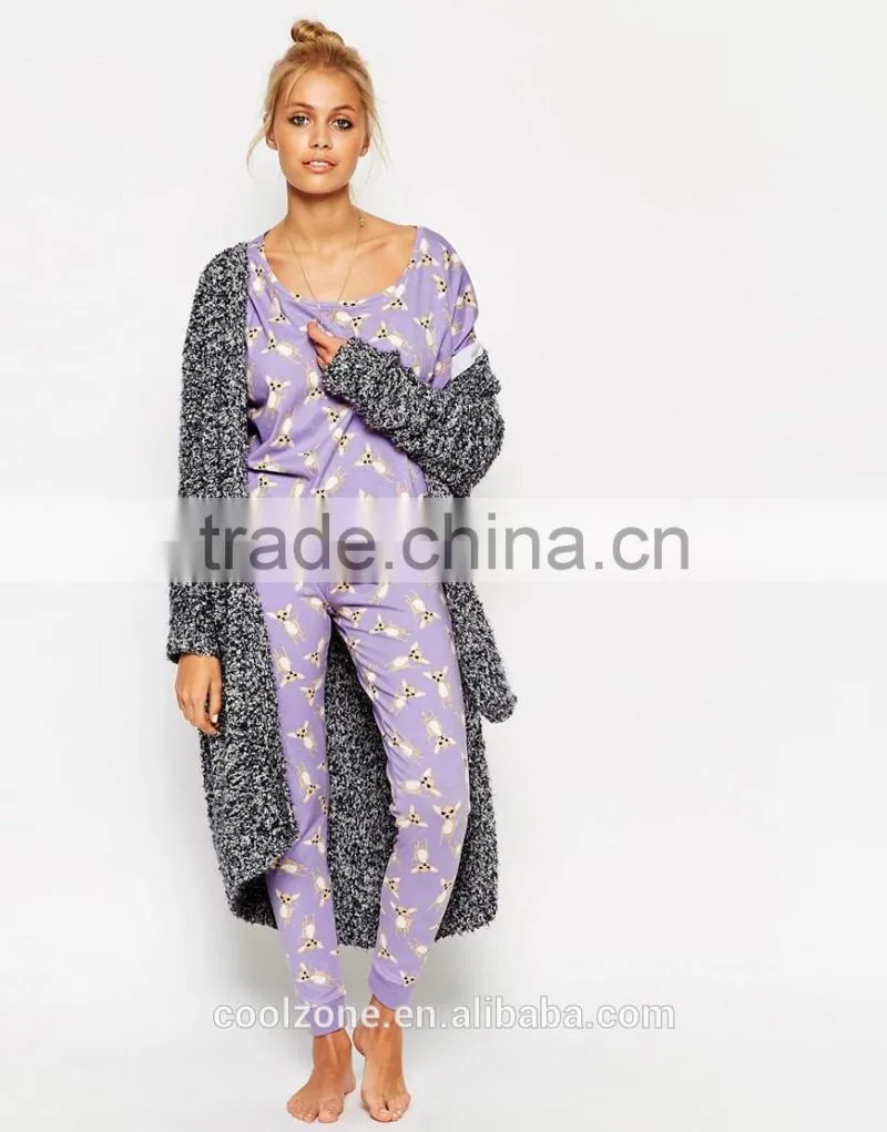 100% Cotton soft touch jersey pajama set women print pajama