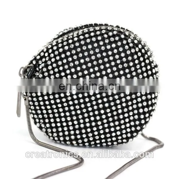 CR More than 80% customer repeat order shining diamond surface long chain round shaped black zipper new fashion mini coin purse
