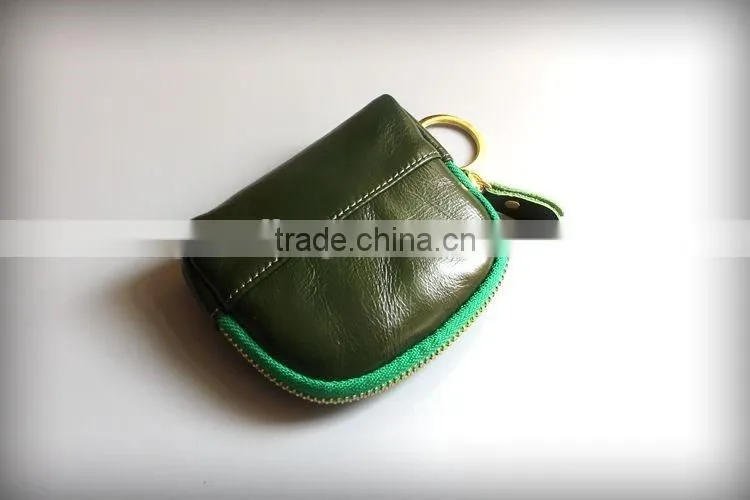 Colorful Genuine Waxy Leather Ladies Zipper Coin Purse Change Bag with keyring
