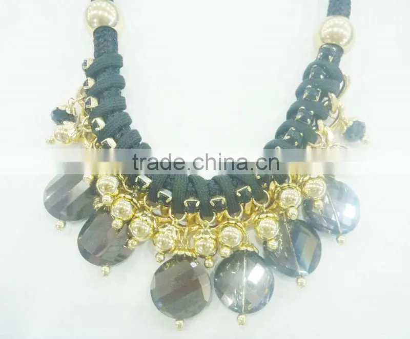 FACHION BRAIDED CORD RHINE STONE NECKLACE EARRING SET WITH BEADS PENDANTS