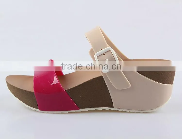 2015 Women Jelly PVC Slipper shoes Stitching Color PU Wedge Sandals PU Wedges Shoes
