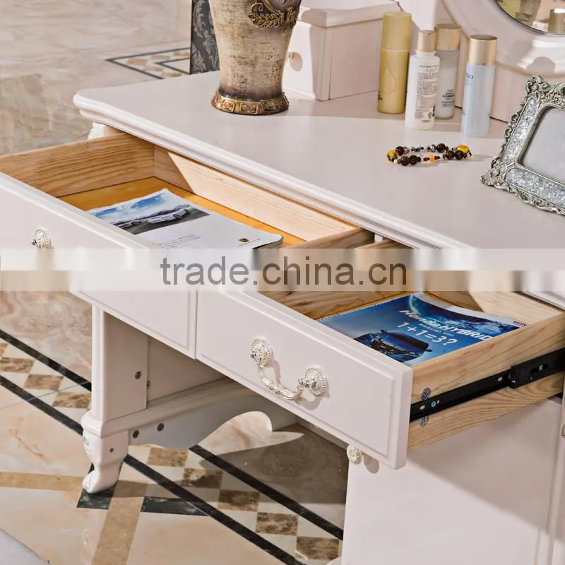 Luxury Antique European French Baroque Style Ivory White Hand Carved Wooden MDF Vanity Dressing Table Set