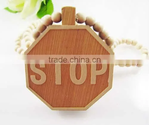 Octagon STOP Wood Pendant with a 36 Inch Wood Beaded Necklace Chain