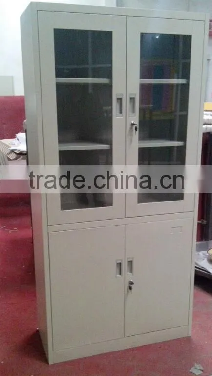 steel book cabinet with glass doors and wood surface display cupboard