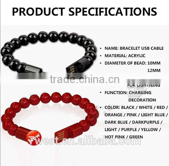 Candy Color Wearable Bracelet Wrist Pearl Micro USB cable&8pin Cable for iPhone5/6