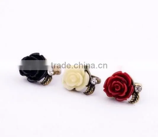 Hot-selling Fashion Lady Vintage Bronze Crystal Black Rose Flower Branch Finger Ring