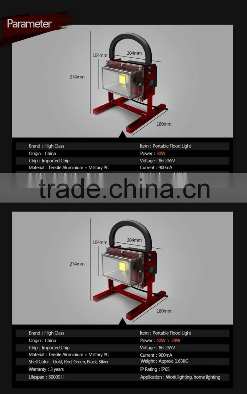 Outdoor Portable 30W 40W 50W Emergency IP65 Outdoor Waterproof LED Flood Light Work Lamp Lighting