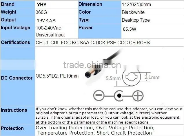 LCD AC Adapter 19V 4.5A with 3-Prong Power Cord Power Supply for LCD Monitor and LCD TV