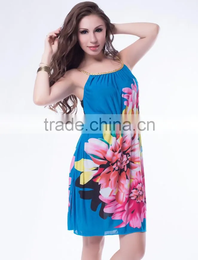 Latest fashion multi flowers panttern sexy ladies summer dress 2015