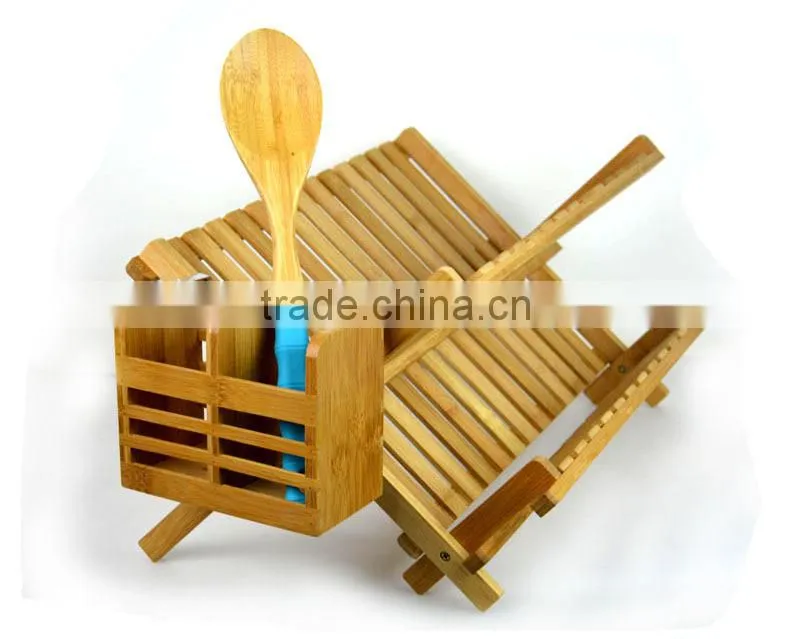 BH006/Natural Bamboo foldable dish rack with flatware holder durable dish drying rack kitchenware bamboo kitchen cabinet dish ra