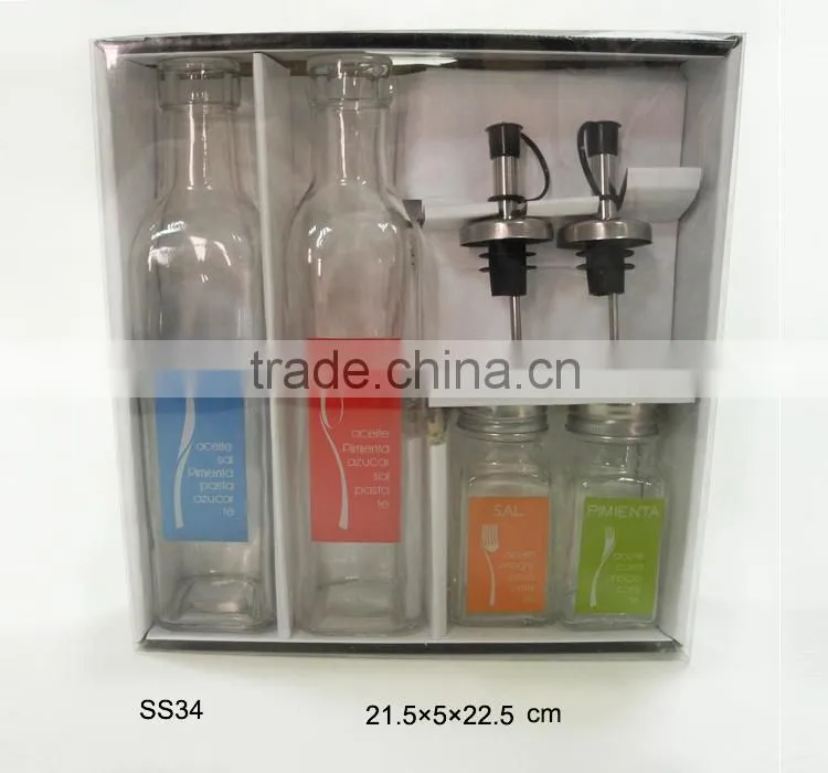 4pcs/set printed olive oil vinegar glass bottle set in a PVC box