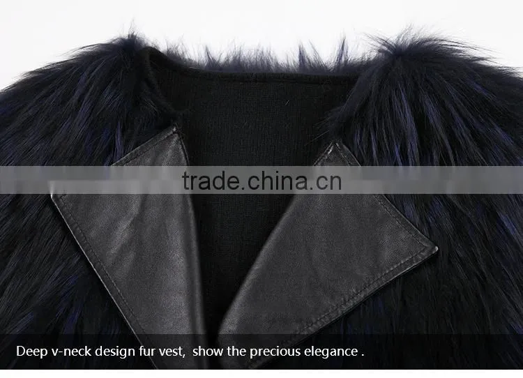 Hot sale dark blue sliver fox fur vest with leather vest
