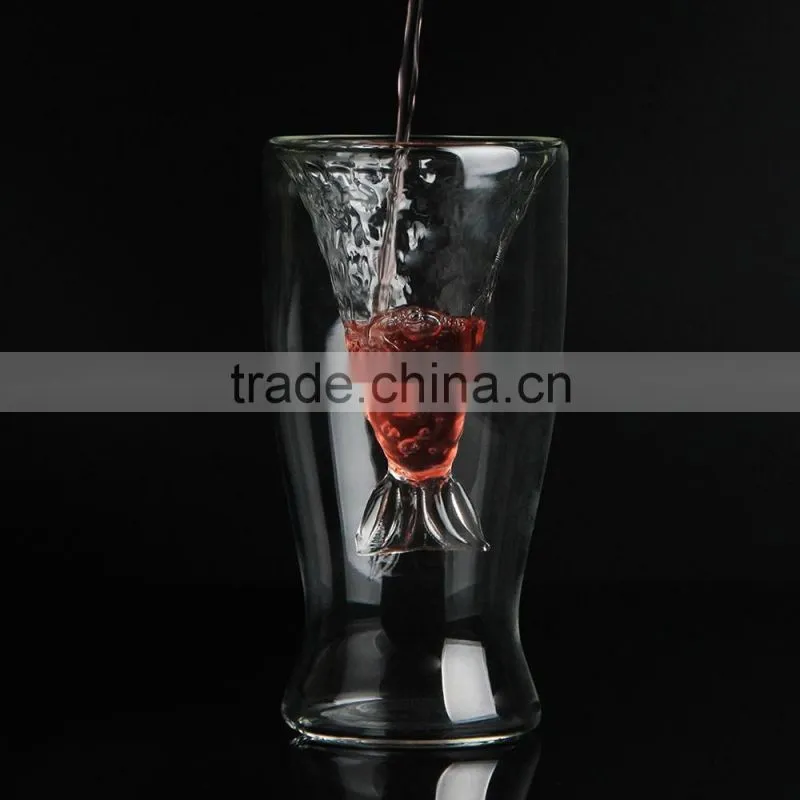 Customized fish shape double wall glass cup
