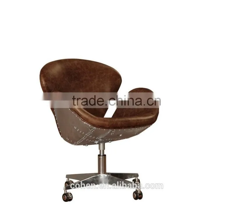 Luxury white top grain leather leisure chair/egg chair with aluminium coating back swivel bar chair
