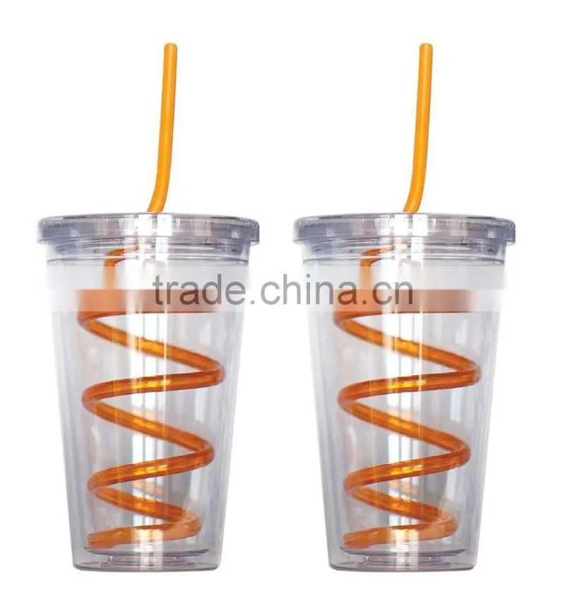 Single wall Insulated Plastic Drink Cup Glass w Curly Crazy Straw Travel Tumbler