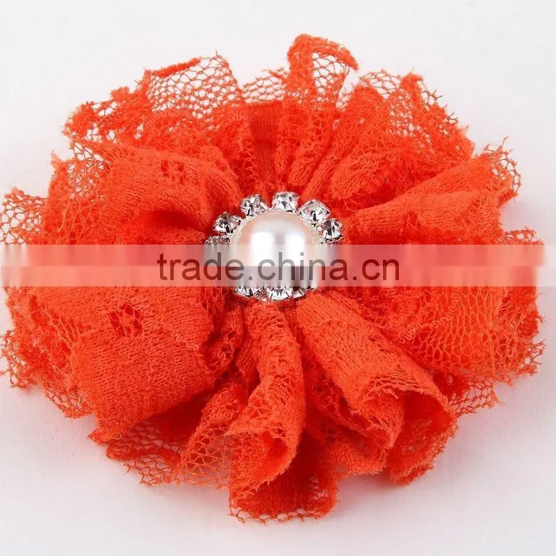 lace flower with pearl rhinestone in center for kids hair accessories