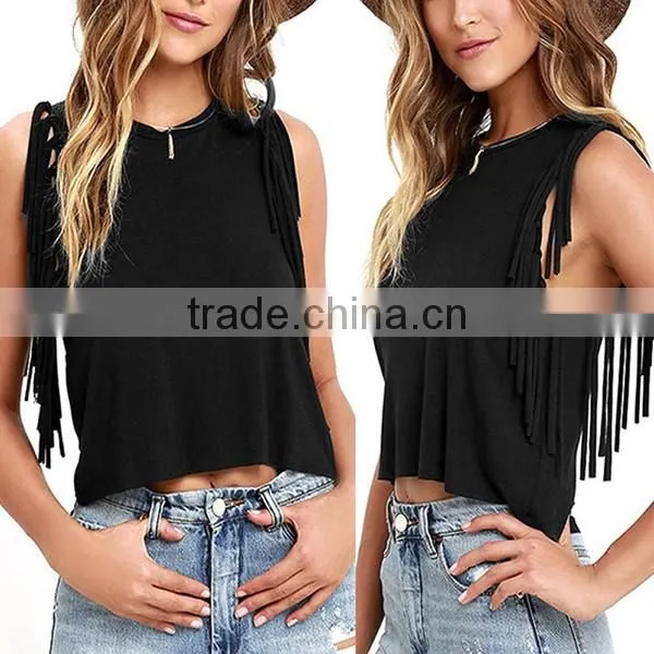 sexy tassel short mini t-shirt custom tank top black white sleeveless t shirt