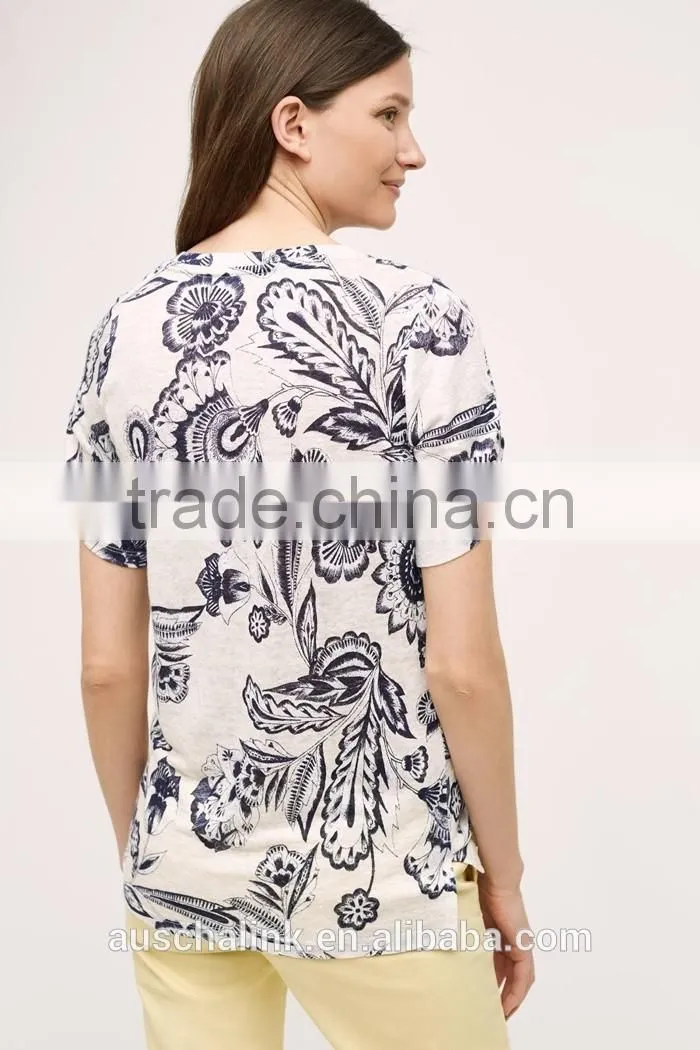 OEM lady new pattern floral print linen t shirt customized