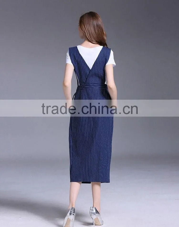 Fashion Women Sleeveless Striped Spaghetti Strap Dresses New Design Denim Maxi Dress