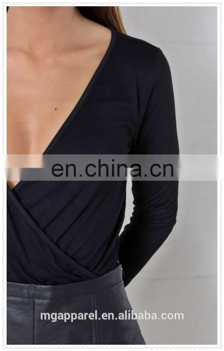 wholesale cheap price sexy V neck cut long sleeves black women tight bodysuit