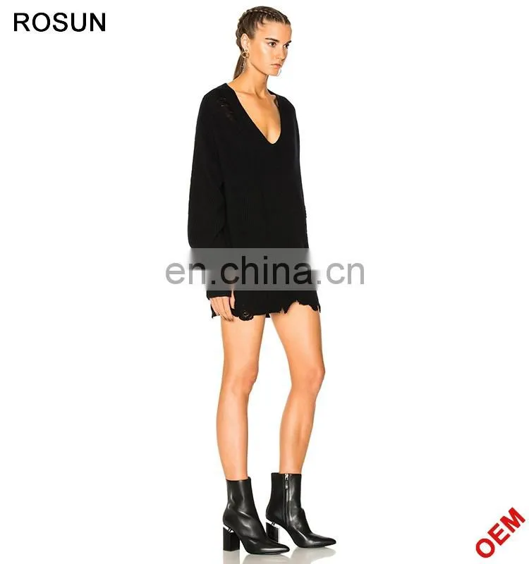 Women Plus Size Black Distressed Deep V Neck Knit Jumper