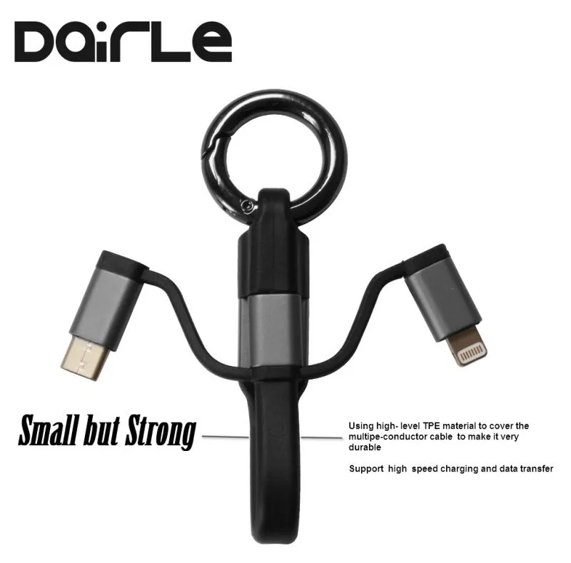 High quality 3 in 1 Key chain design portable USB charging cable for iPhone 7/8/X and Android mobile devices