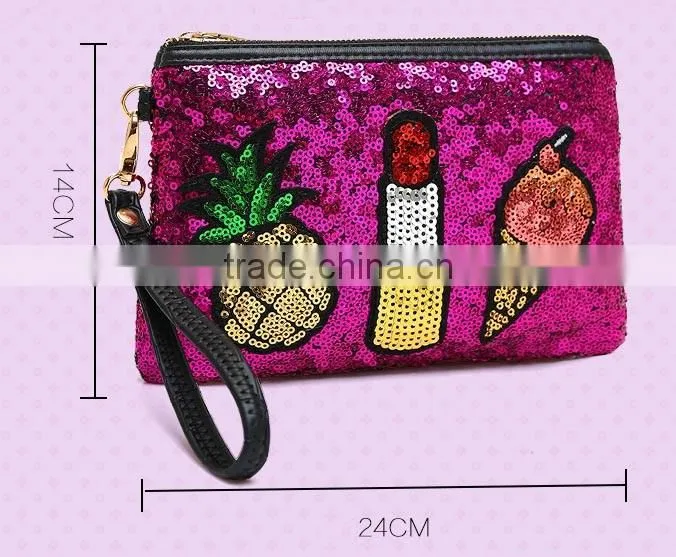 high quality glitter cosmetic bag, OEM glitter faux leather cosmetic pouch,ladies glitter clutch bag,ladies leather vanity bag